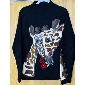 Vtg Roberta Frost Sz L Hnd Knit 100% Virgin Wool Giraffe Wearable Art LS Sweater